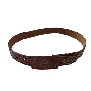 Chambers Sun God Leather Belt 36 Phoenix AZ Tooled Western Turquoise Vintage
